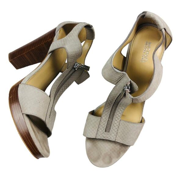 3698 Michael Kors Grey Leather Snake Embossed Heels Peep Toe Zip Sandals 10M - Picture 1 of 8